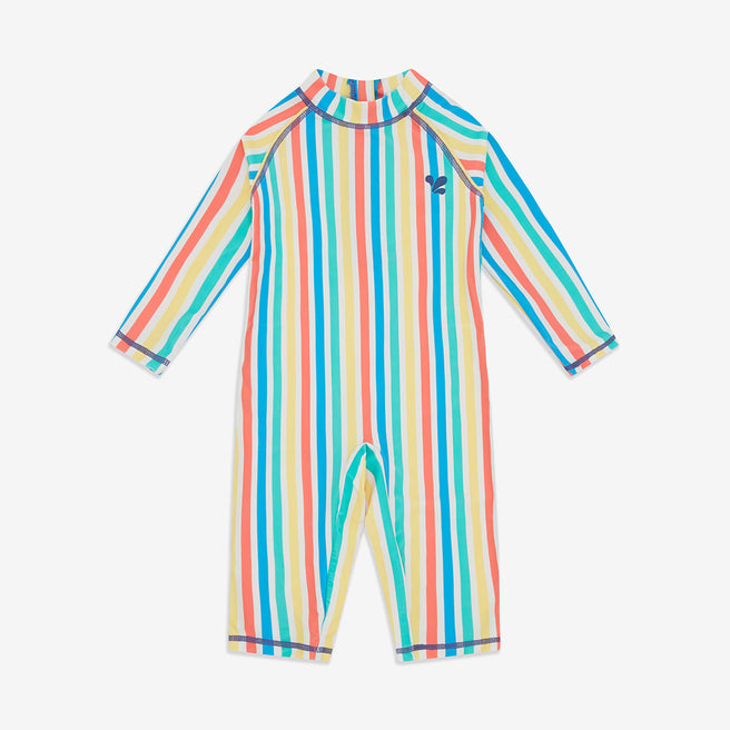 A striped children's swimsuit with long sleeves and short legs, featuring blue, yellow, coral, and white stripes.